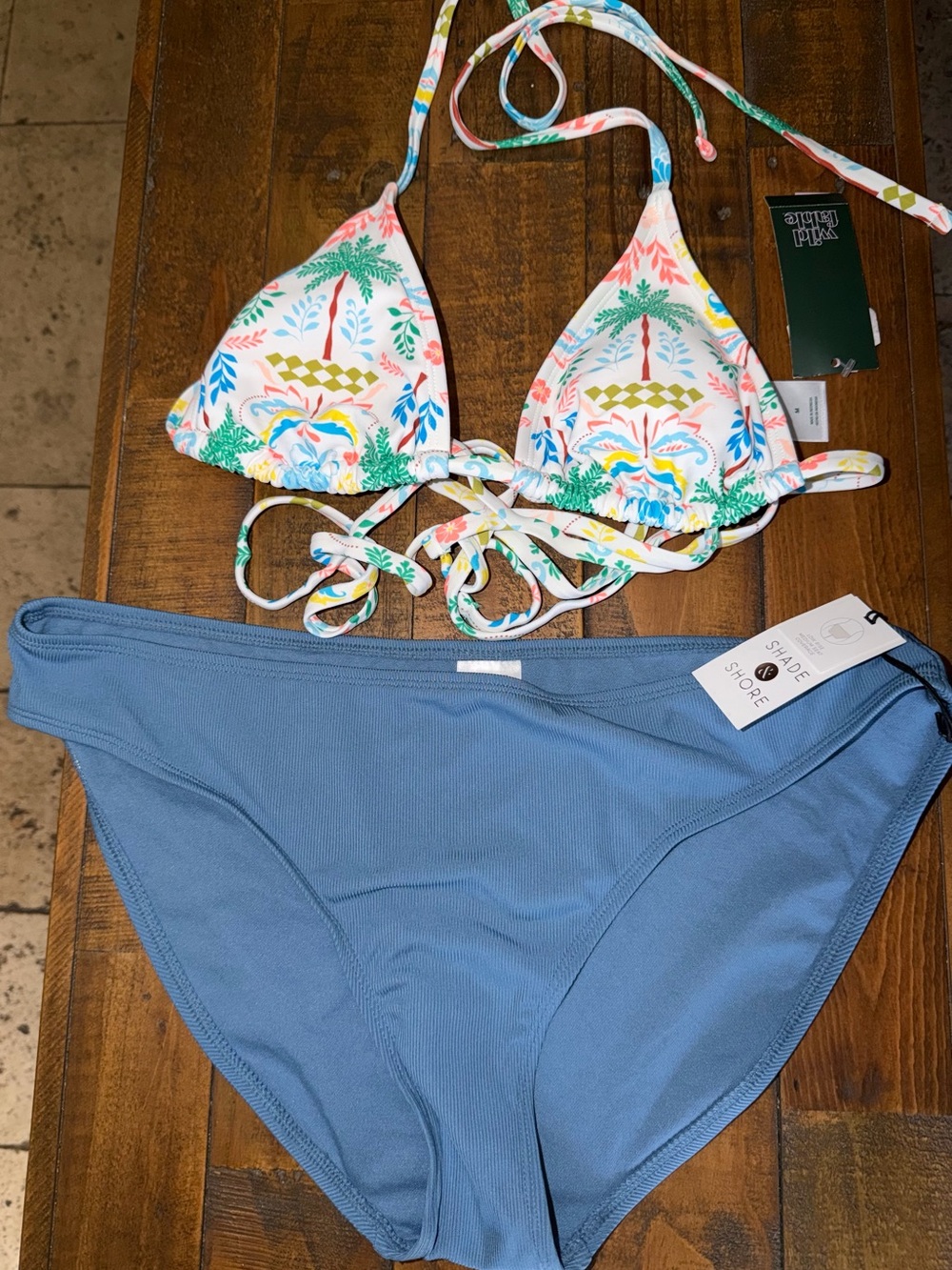 Target Women Swim Bikini Set - White Multicolor Triangle Top & Blue Bottom